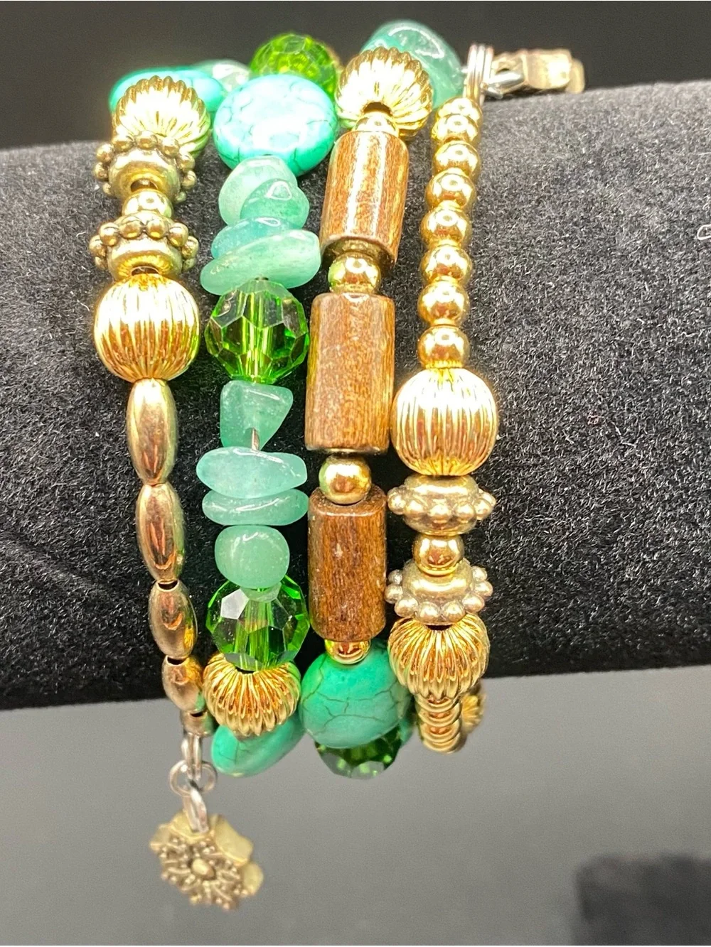 Boho multi strand Green Gold tone & wood Beaded Stretch Bracelet